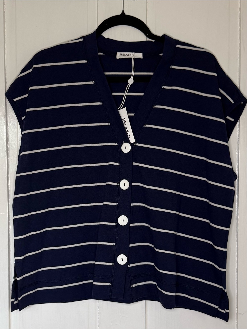 LA Relaxed Navy & White Striped Button Front Top